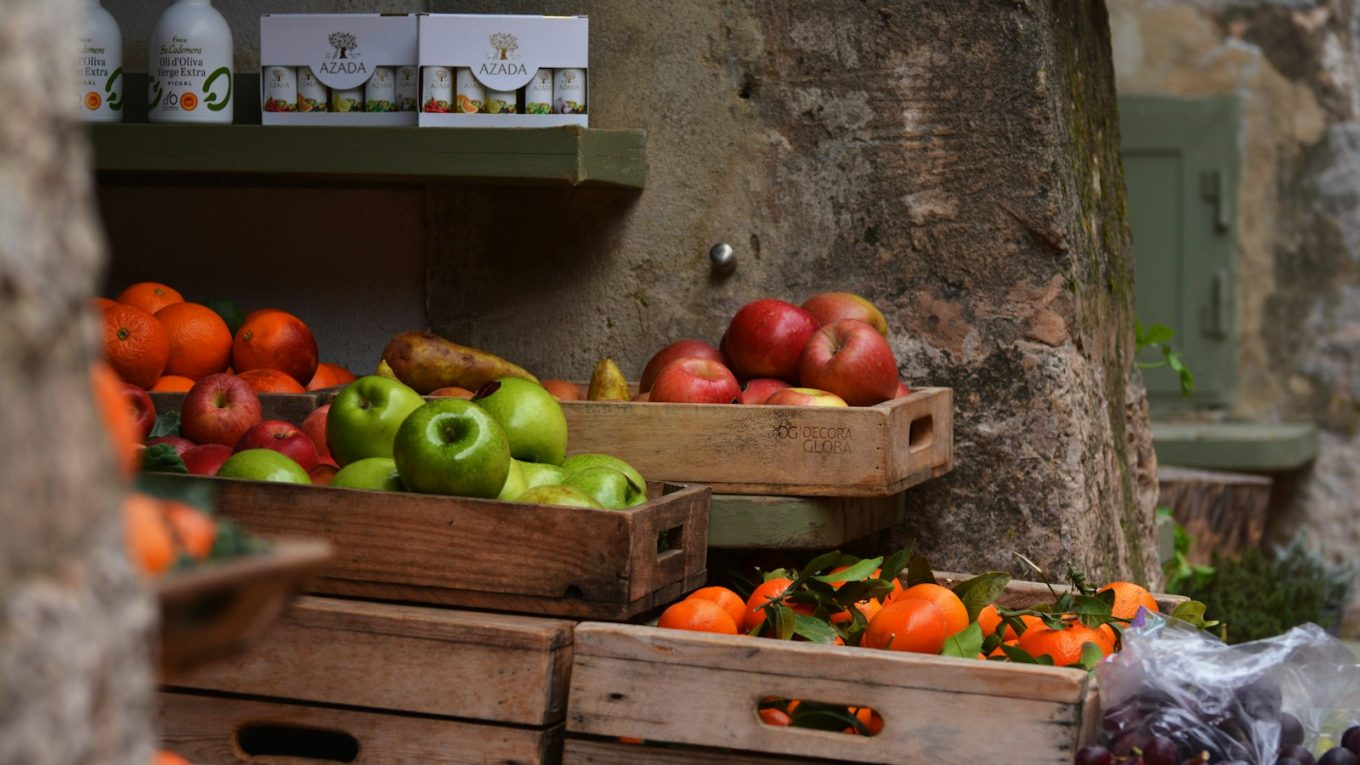 a group of baskets full of fruits